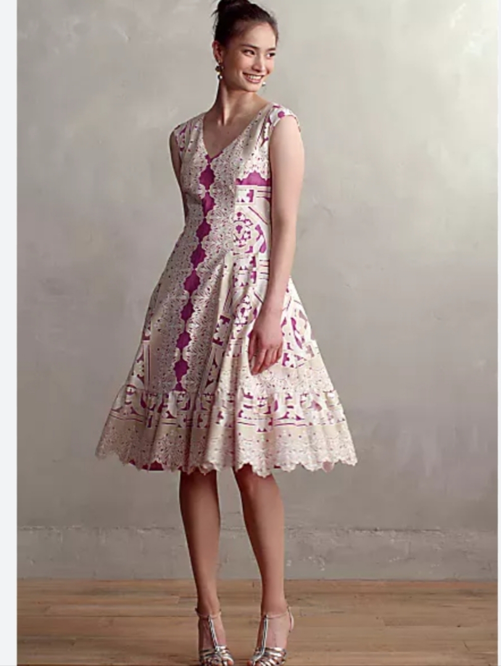 Anthro Moulinette Soeurs Pink and Cream Lace-Inset Midi Dress Versailles - Picture 3 of 13